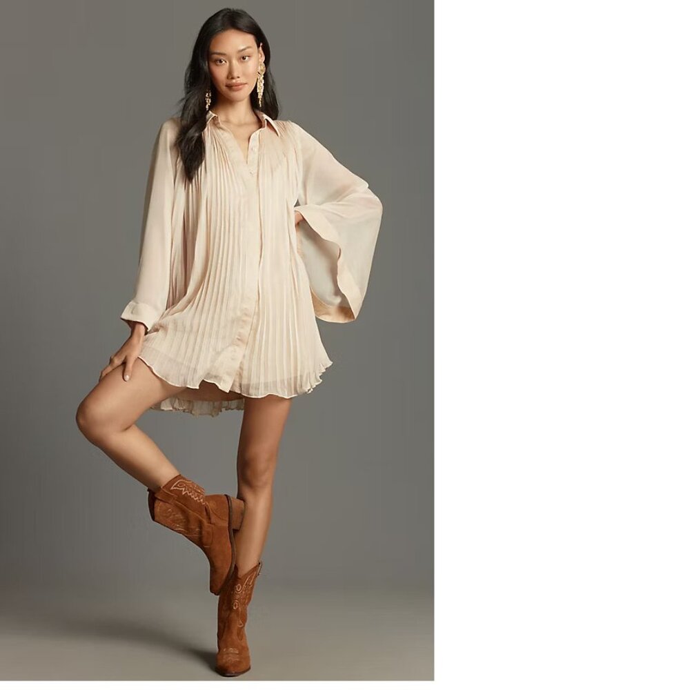 anthropologie Maeve Long-Sleeve Pleated Mini Shirt Dress XS new with tag nwt